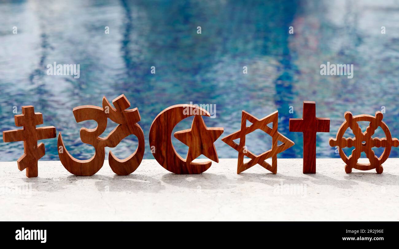 Religious symbols of Catholicism, Islam, Judaism, Orthodoxy, Protestant, Buddhism and Hinduism, interreligious, interfaith dialogue and spirituality Stock Photo