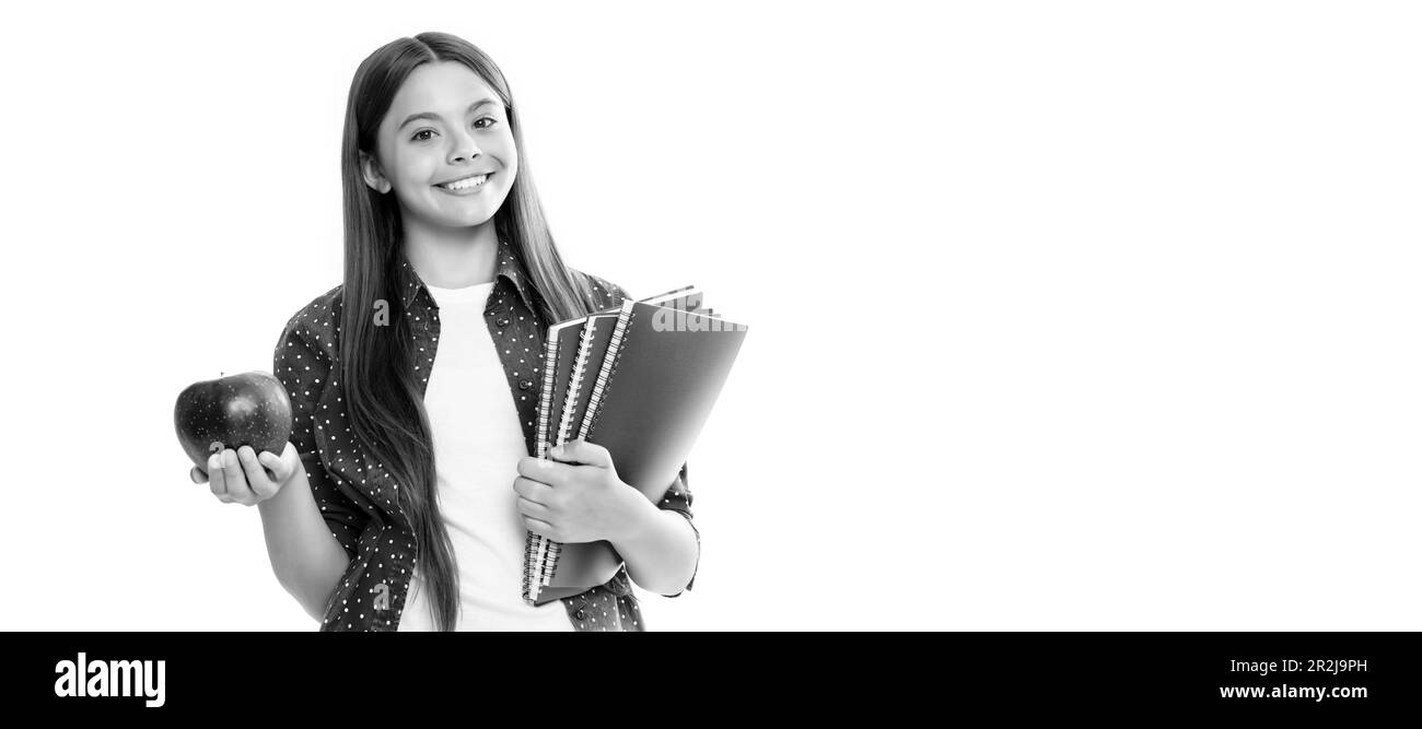 happy teen girl hold school copybook for studying and apple lunch ...