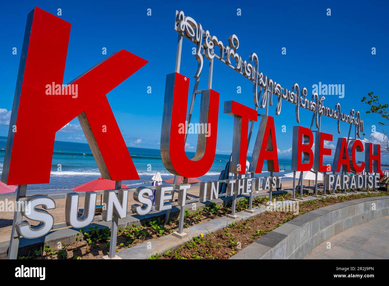 View of Kuta Beach sign, Kuta, Bali, Indonesia, South East Asia, Asia Stock Photo