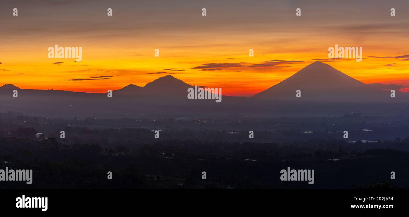 View of Mount Batur and Mount Agung at sunrise, Bali, Indonesia, South