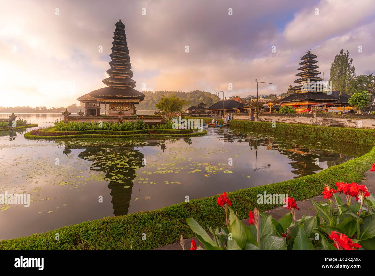 View of Ulun Danu Beratan temple on Lake Bratan at sunrise, Bali, Indonesia, South East Asia, Asia Stock Photo