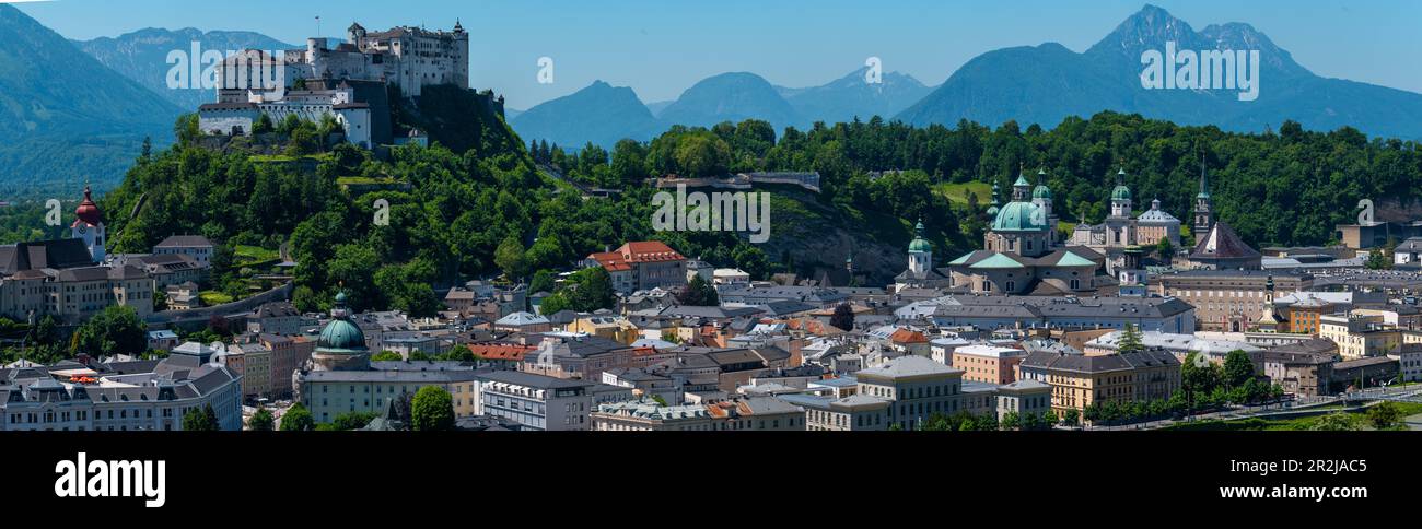 Salzburg old town panorama with Hohen Salzburg Fortress and Cathedral, right in the background Hoher Staufen, Salzburg, Austria Stock Photo