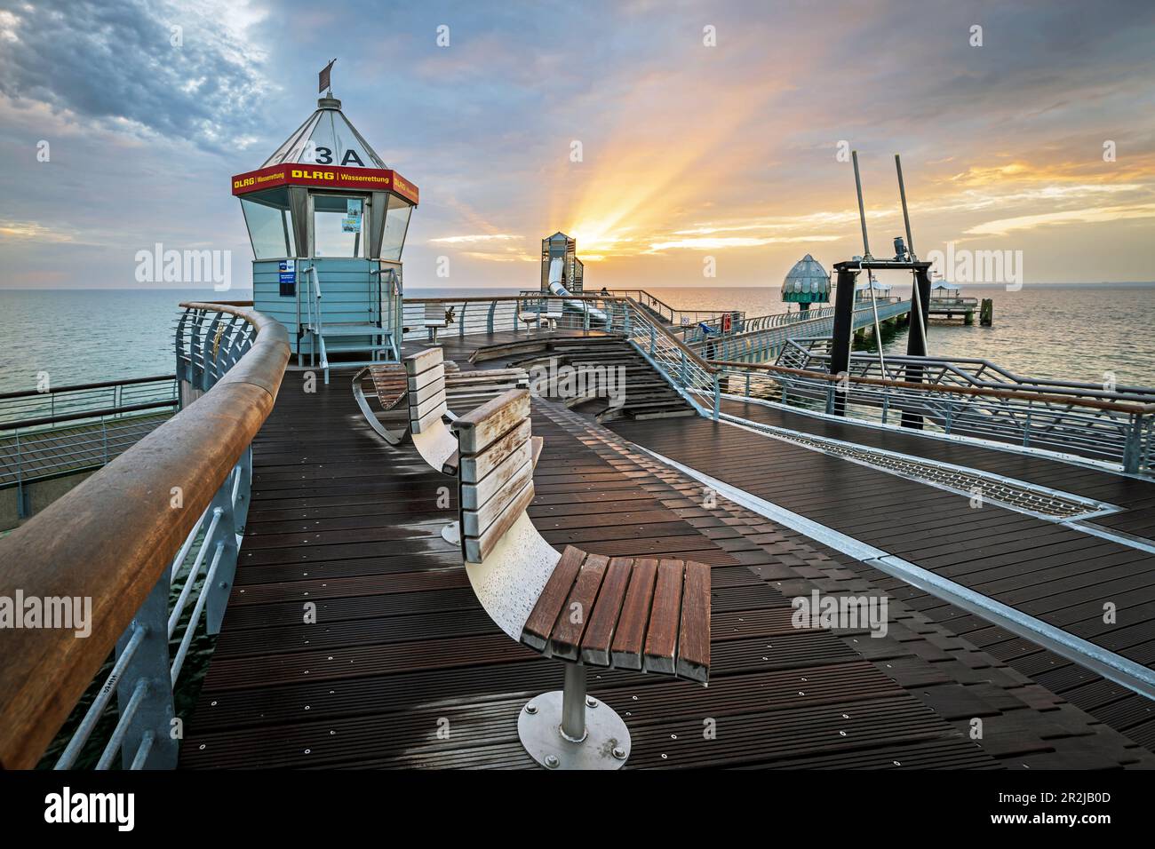 View of the new platforms of the Seebruecke in Groemitz, Baltic Sea, morning mood, Ostholstein, Schleswig-Holstein, Germany Stock Photo