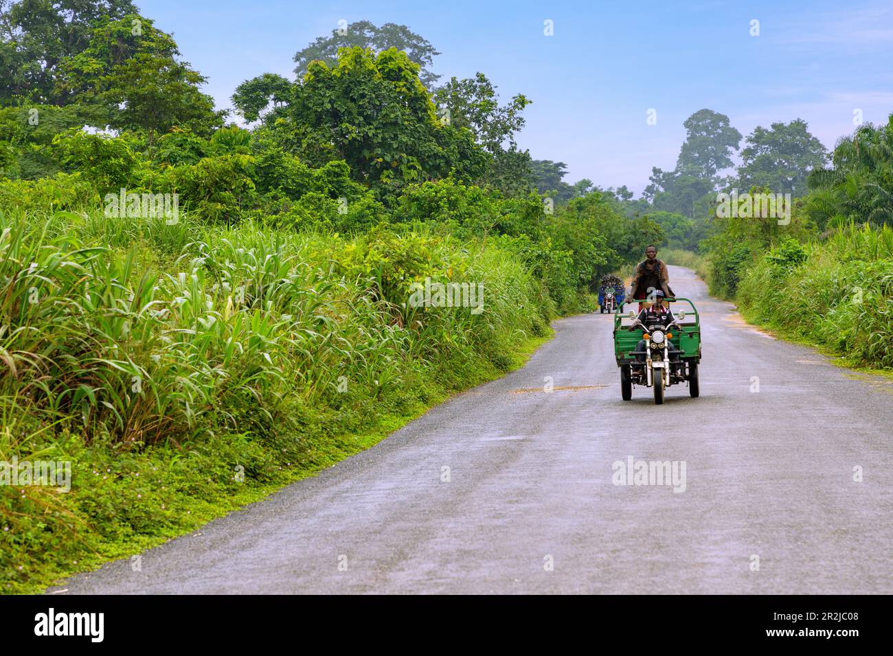 Country road with tuktuks in the rainforest landscape near Hohoe in the Volta Region in eastern Ghana in West Africa Stock Photo