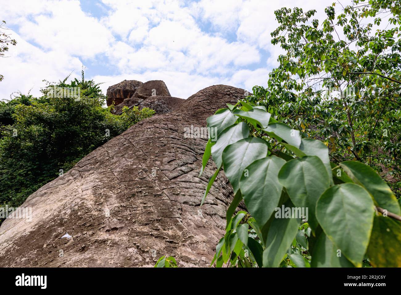 Tano Rock rock formation in the Sacred Grove of Tanoboase in the historic Brong Ahafo Region in the Bono East Region of central Ghana in West Africa Stock Photo