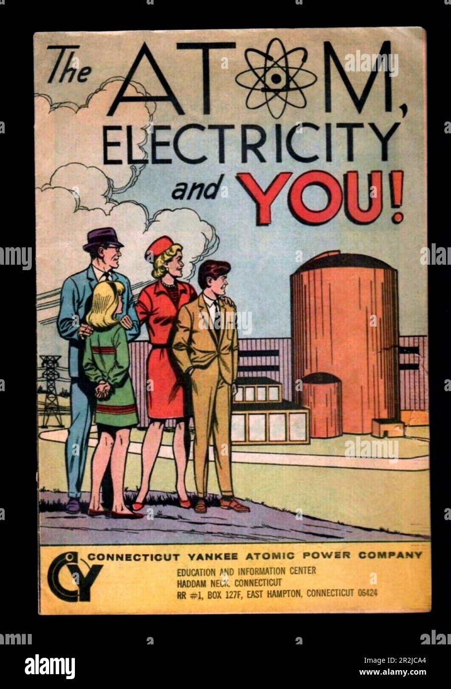 1968 , NEW ENGLAND , USA  : Cover of american cartoon illustrated educational & informative  magazine ' THE ATOM , ELECTRICITY AND YOU ', for publicize and enhance the positive qualities of the construction of NUCLEAR POWER STATIONS from the State of CONNECTICUT and others 5 neighboring States of NEW ENGLAND, to produce electricity from which economic and consumer benefits would derive for everyone and above all for all the American people live of NEW ENGLAND . Built by CONNECTICUT YANKEE ATOM POWER COMPANY to produce electricity with this NUCLEAR PROJECT , from which economic and consumer ben Stock Photo
