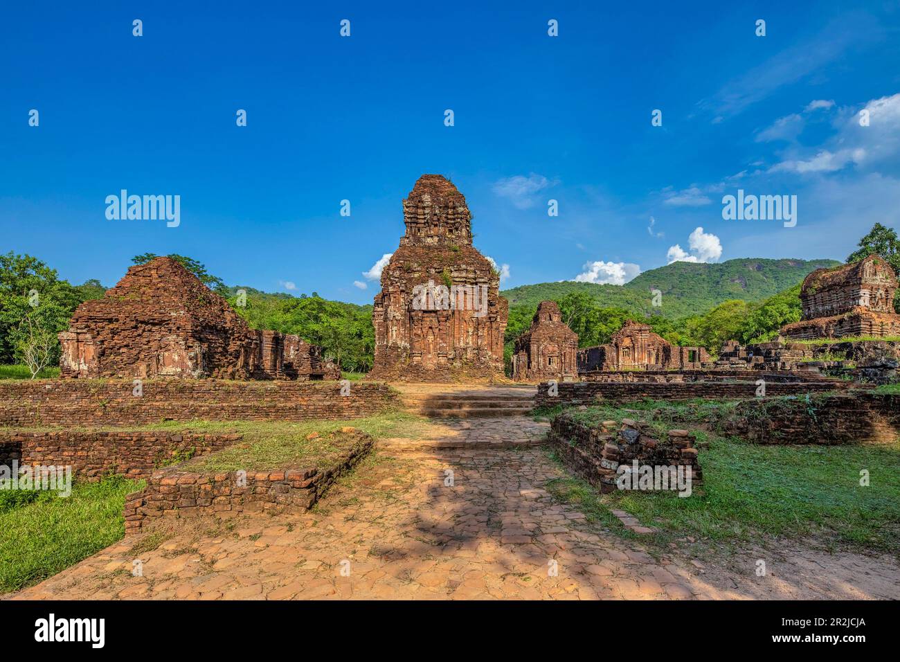 MY SON SANCTUARY IS A LARGE COMPLEX OF RELIGIOUS RELICS COMPRISES CHAM ARCHITECTURAL WORKS. A UNESCO WORLD HERITAGE SITE IN QUANG NAM, VIETNAM. Stock Photo