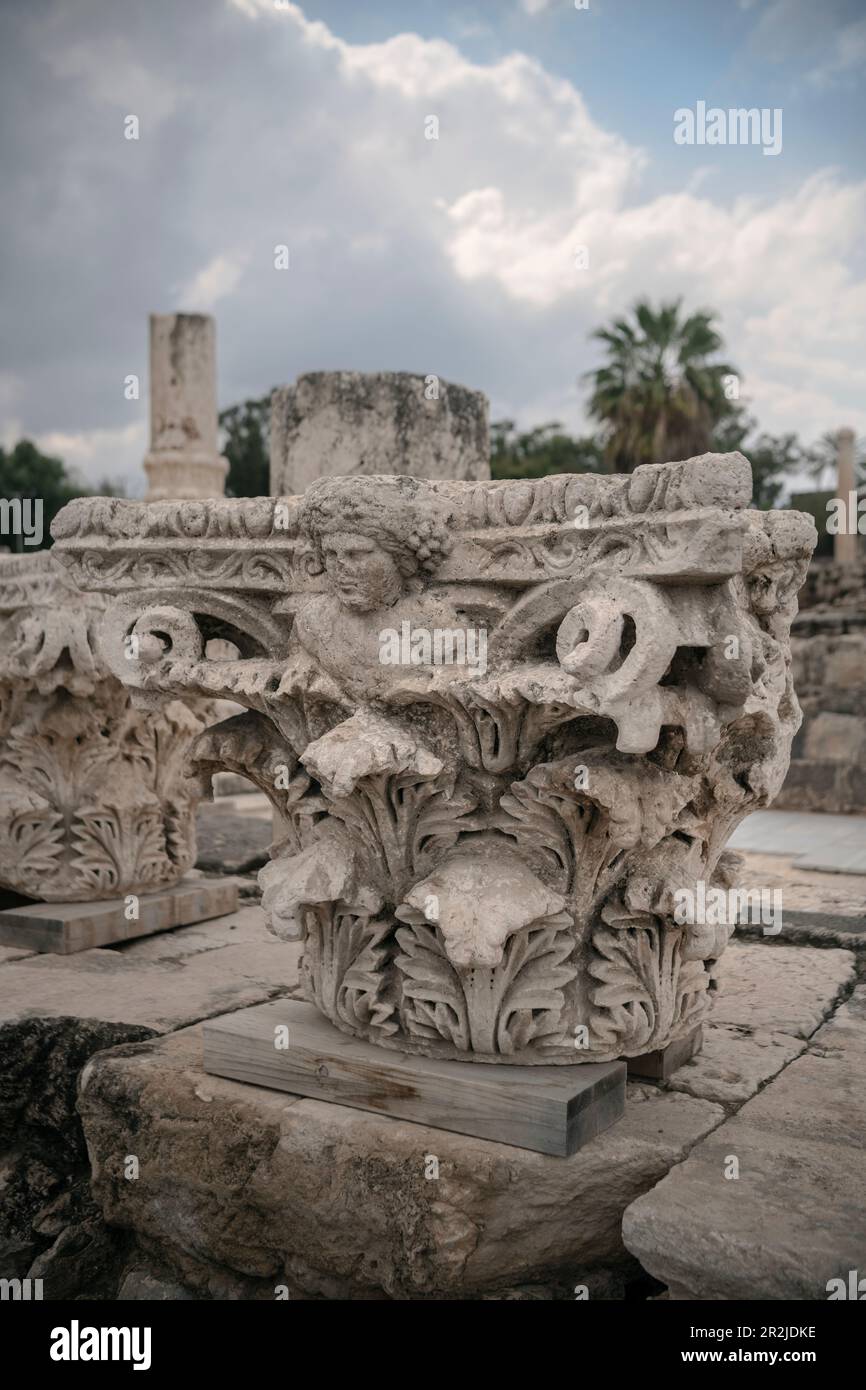 Middle Eastern Column ornate marble columns, ancient ruins city of Beit Shean on the Sea of ...