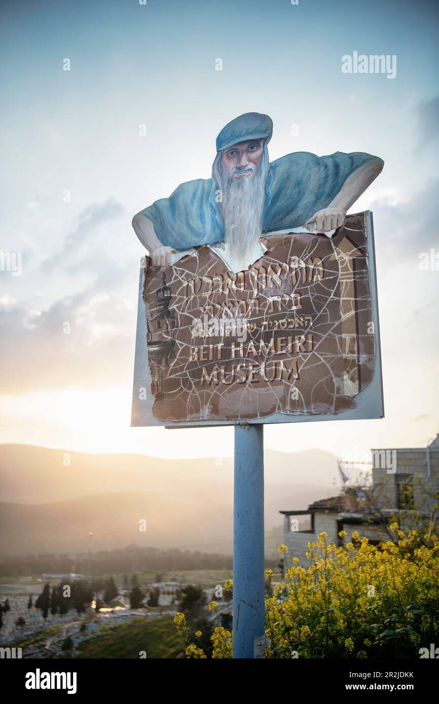 Sign indicating a museum, view of the surrounding mountains of Safed (also Tsfat) and the Jewish Cemetery, Galilee, Israel, Middle East, Asia Stock Photo