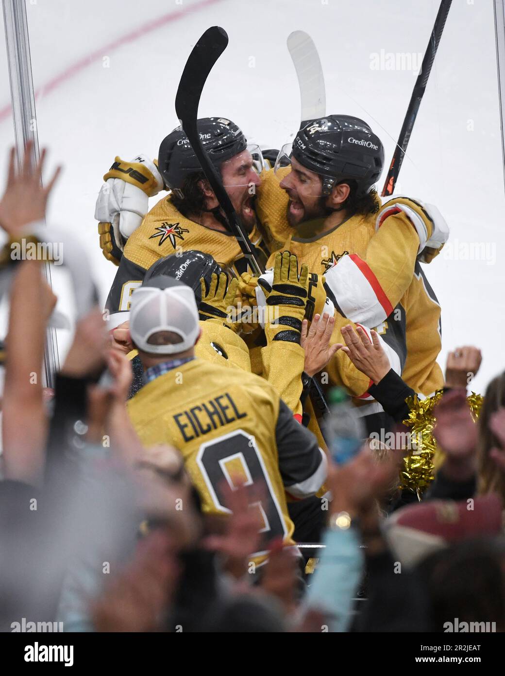Vegas Golden Knights right wing Mark Stone (61) and defenseman Nicolas