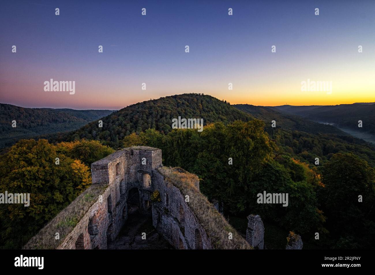 Sunrise at Gräfenstein Castle, Rhineland-Palatinate, Germany Stock Photo