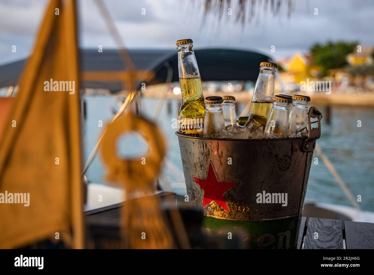 A bucket of iced Corona beer at Karels Beach Bar, Kralendijk, Bonaire, Netherlands Antilles, Caribbean Stock Photo