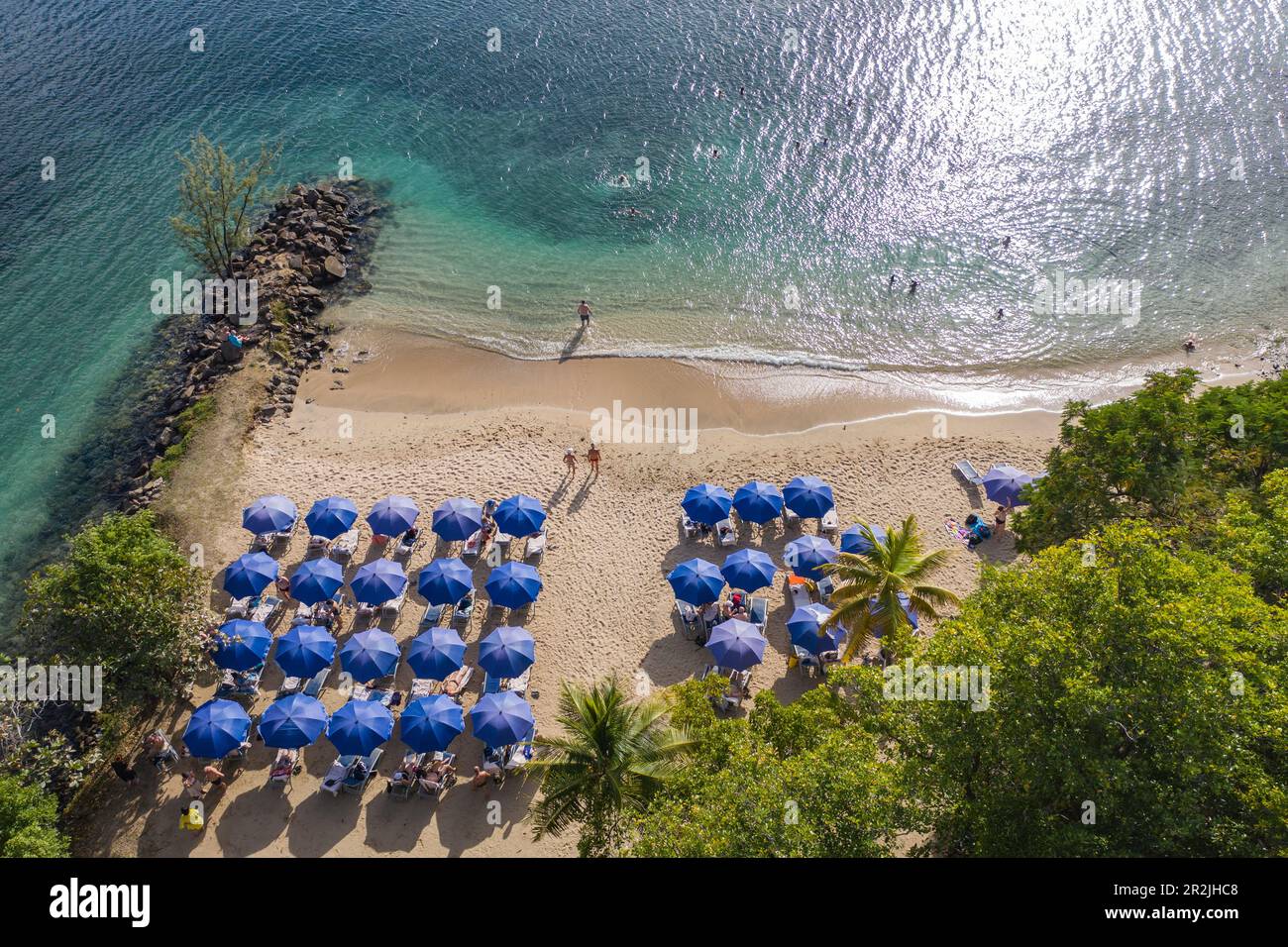 Aerial view of umbrellas at Pigeon Island National Landmark, Gros Islet