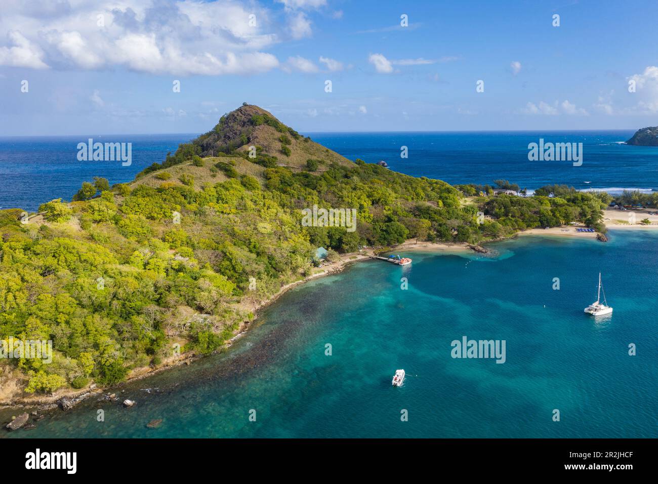 Aerial view of sailboats anchored in front of Pigeon Island National