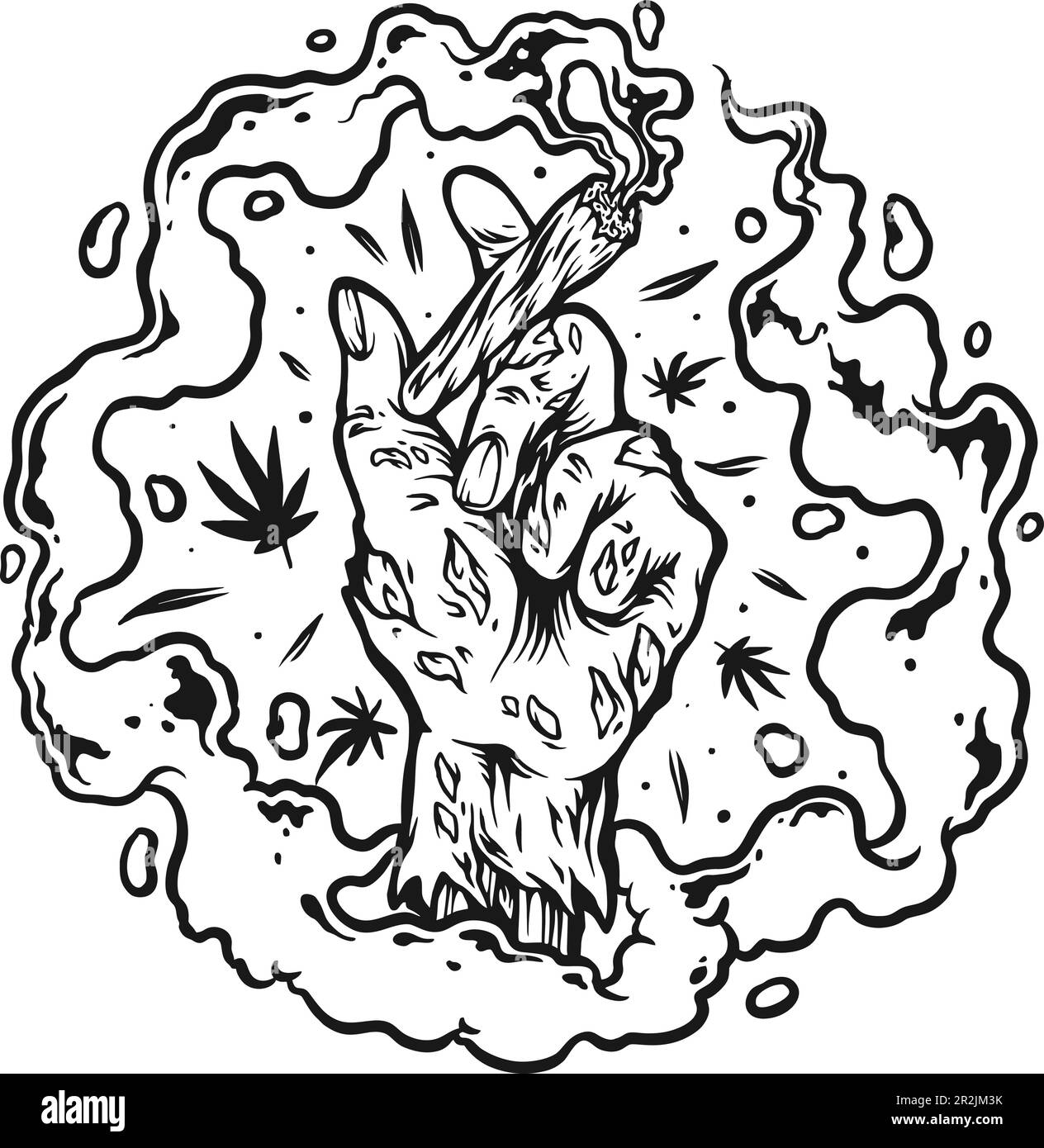 Horror zombie hand joint smoking weed logo illustrations monochrome