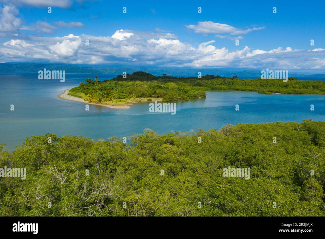 Aerial view of lush vegetation and bay, Puerto Jiménez, Puntarenas