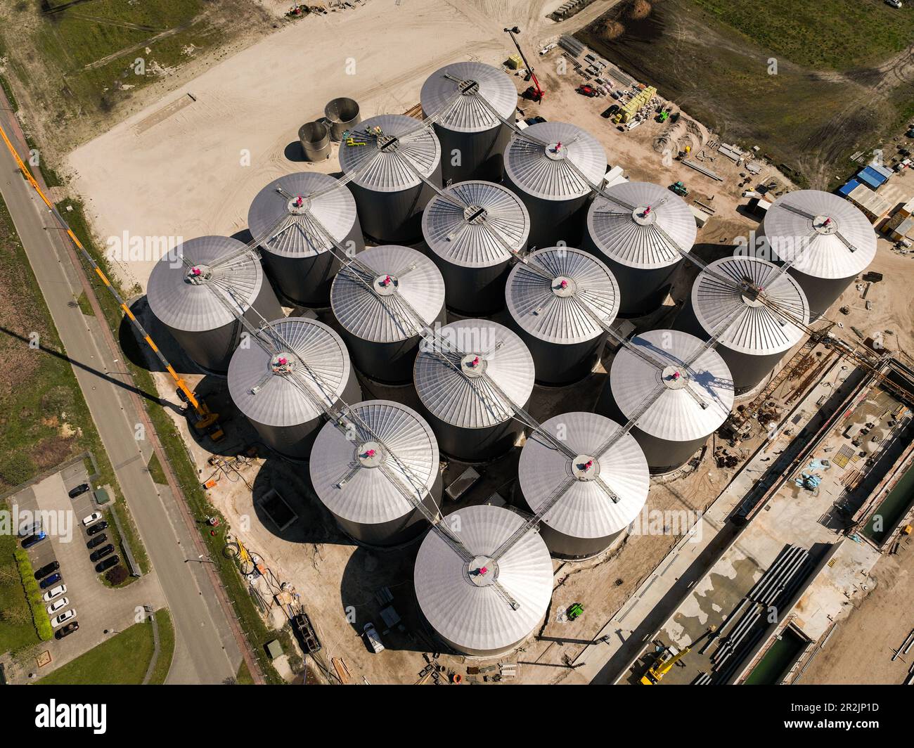 Friesoythe, Germany. 08th May, 2023. View of a huge biogas plant under  construction (shot with a drone). One of Europe's largest biogas plants is  currently being built on an area of more