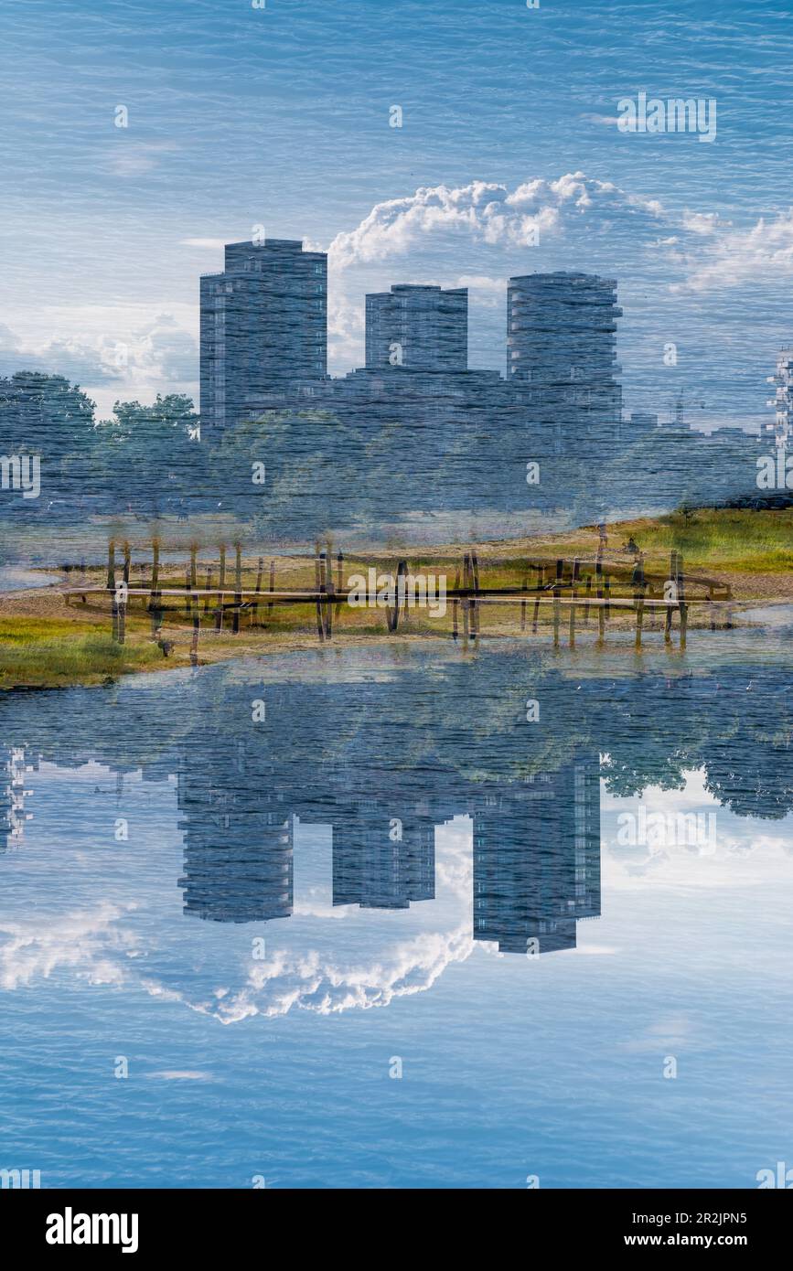 Double exposure of modern highrise buildings as seen from the ...
