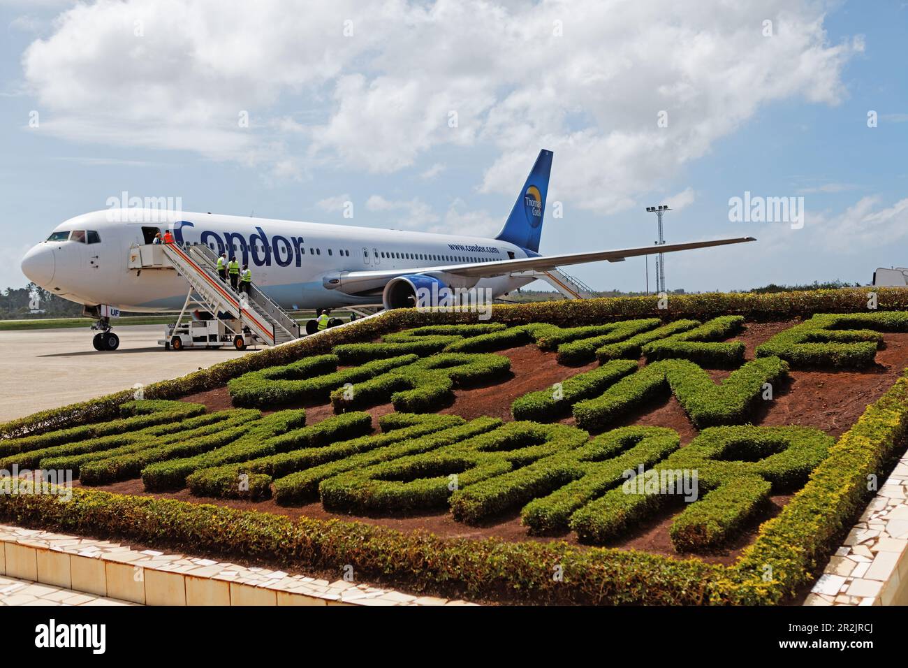 Patch and aircraft at the airport, Zanzibar, Tanzania, Africa Stock Photo