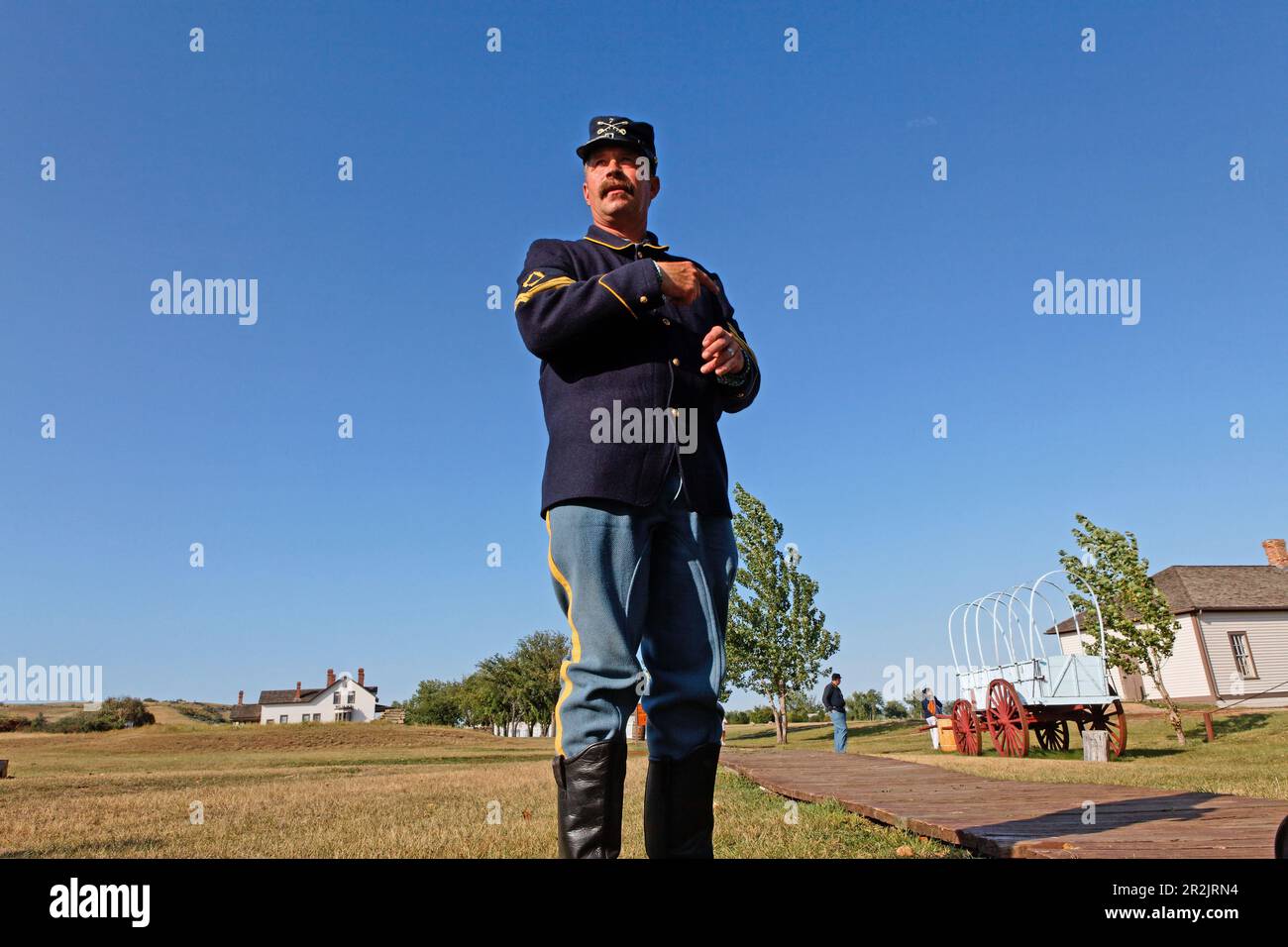 Guide dressed up as an American soldier, Fort Abraham Lincoln State