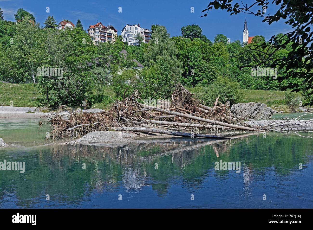 Piles of driftwood on the river Isar, Pullach, Munich, Upper Bavaria, Bavaria, Germany Stock Photo