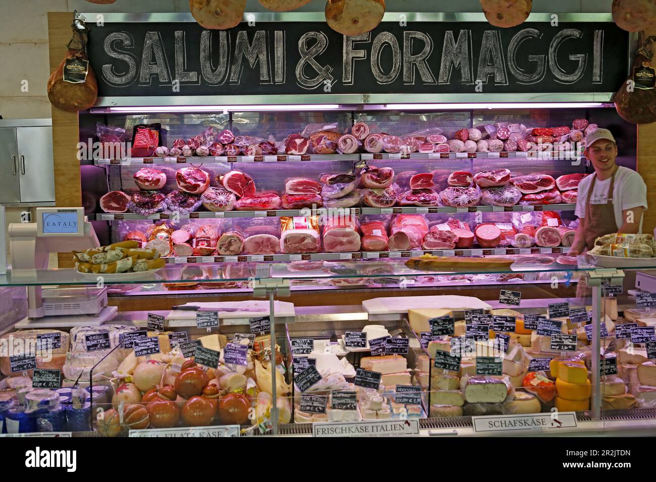 Salami and cheese counter at Eataly italian deli shopping mall, Schrannenhalle, Viktualienmarkt, Munich, Upper Bavaria, Bavaria, Germany Stock Photo