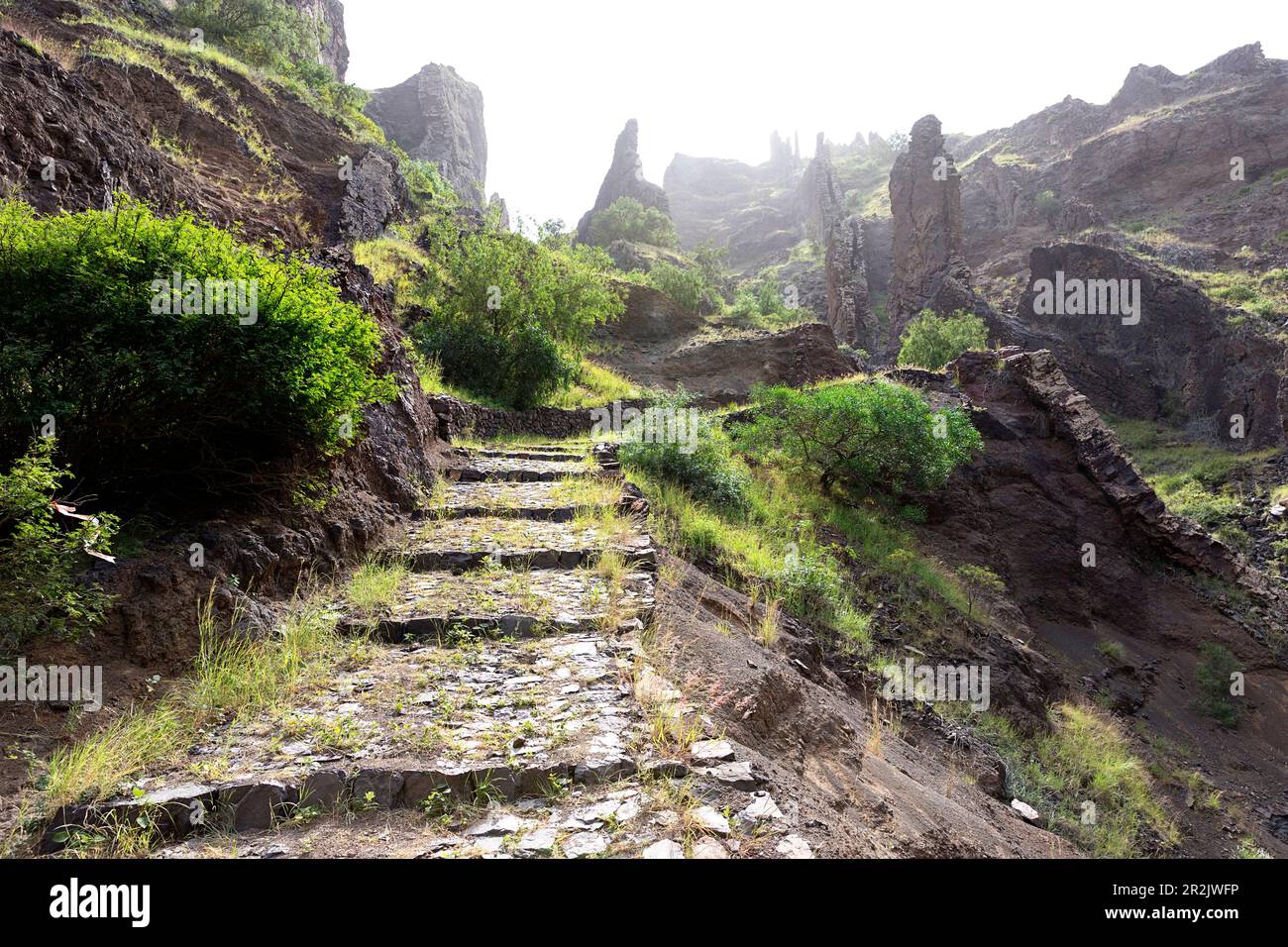 Spectacular hiking trail to Cha de Morte village on Santo Antao island, Cabo verde, africa Stock Photo