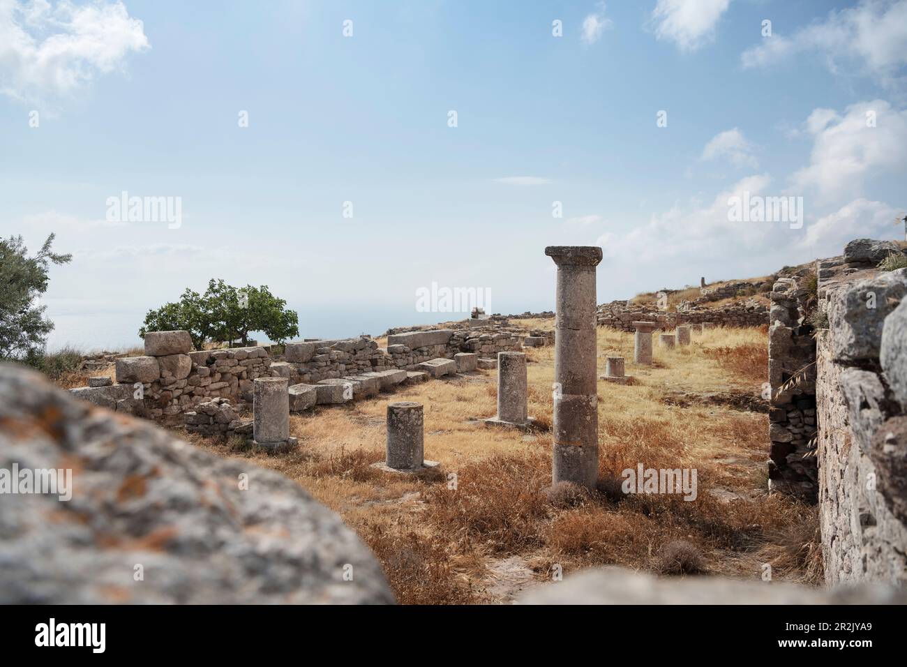 Temple ruins in Ancient Thera, Santorini, Santorin, Cyclades, Aegean Sea, Mediterranean, Greece, Europe Stock Photo