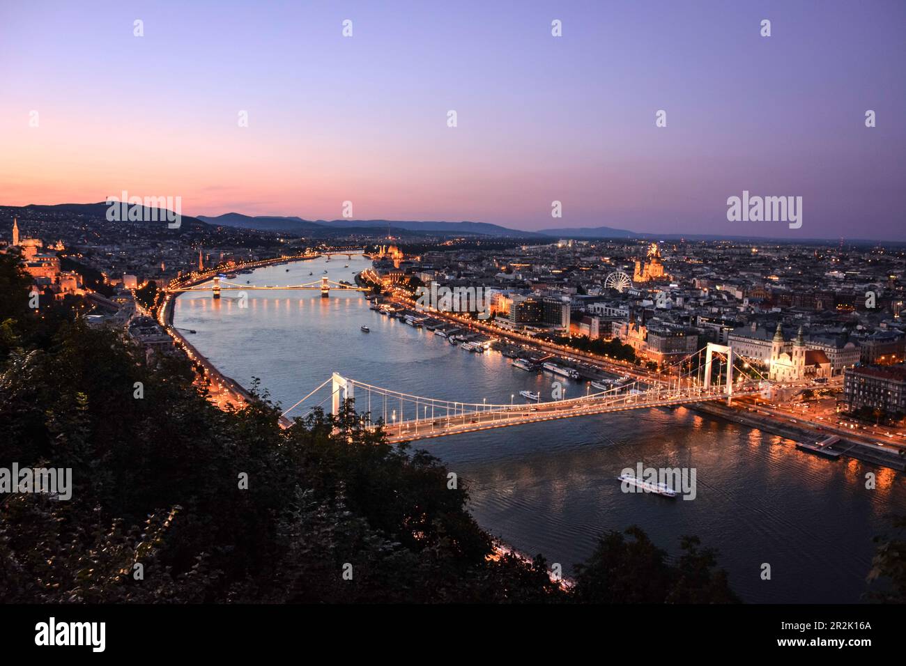 The Danube River and Budapest Cityscape Seen from the Citadella at Dusk - Hungary Stock Photo