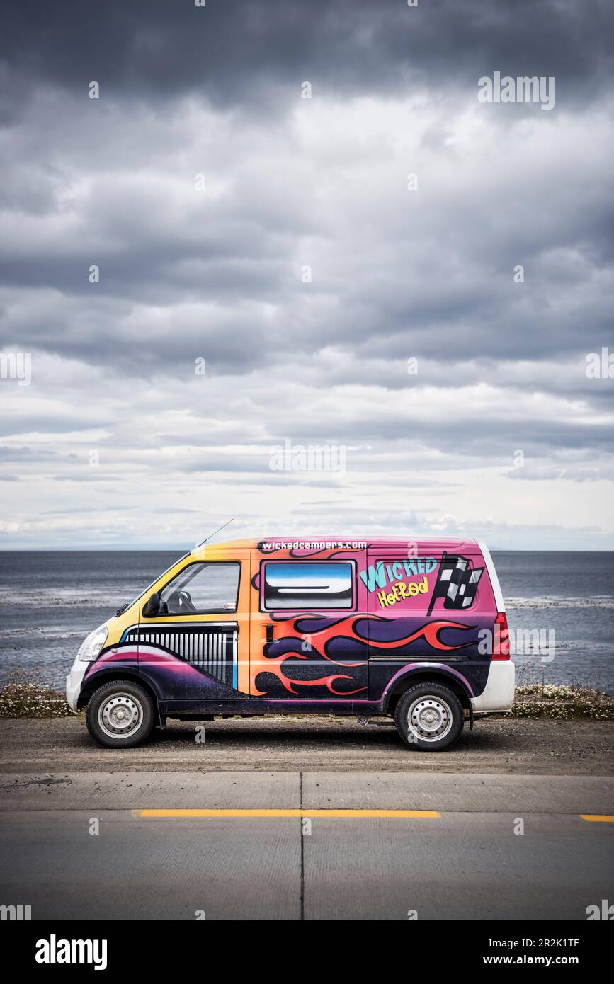 Brightly painted camper van on road near Puntas Arenas, Patagonia,  Magallanes Province, Chile, South America Stock Photo - Alamy