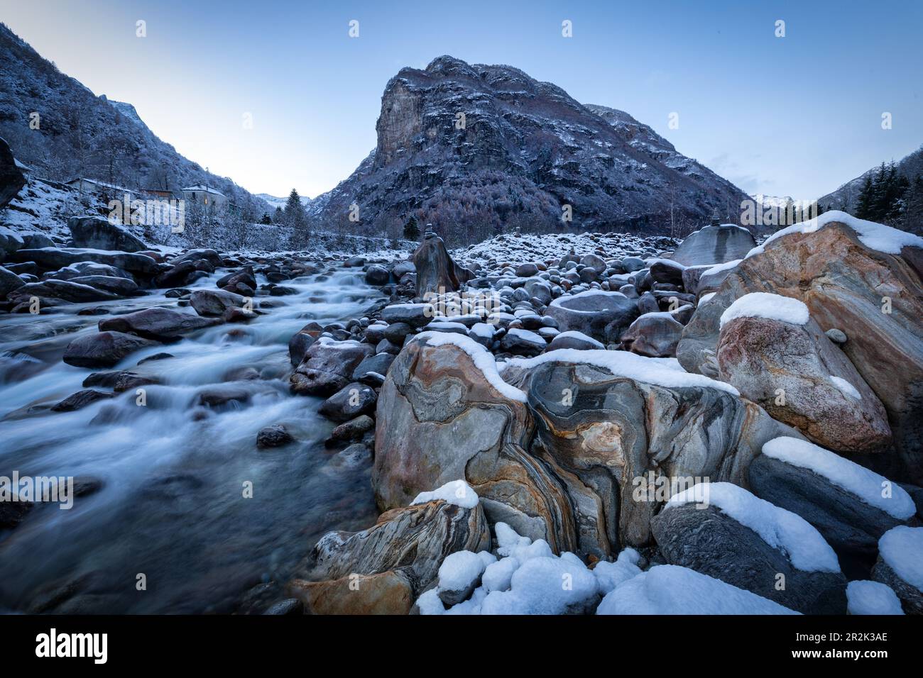 Winter in Verzasca Valley, Brione, Ticino, Switzerland, Europe Stock Photo