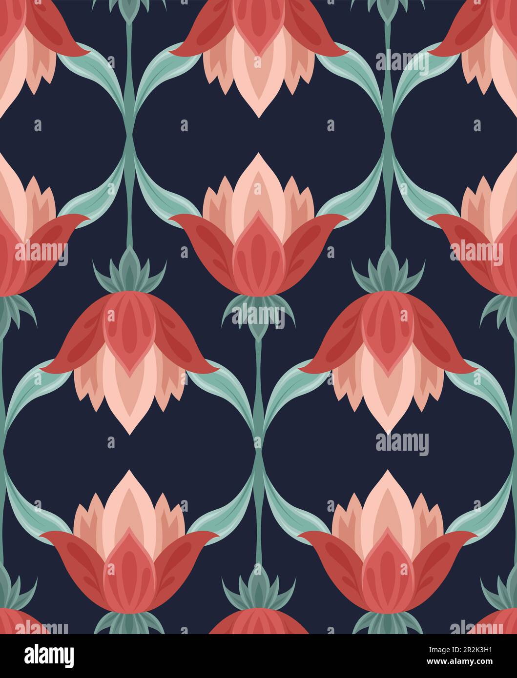 Vector seamless pattern with geometric red flowers on a dark background. Floral folk art texture. Rustic background for fabrics, wallpapers, wrapping Stock Vector