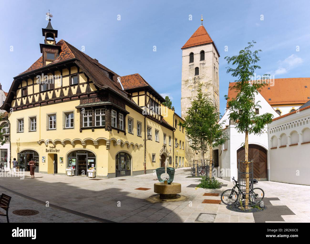 Regensburg; Black Bear Street, Tea House Bachfischer, Old Deanery of the Old Chapel, Campanile of the Collegiate Church of Our Lady of the Old Chapel Stock Photo