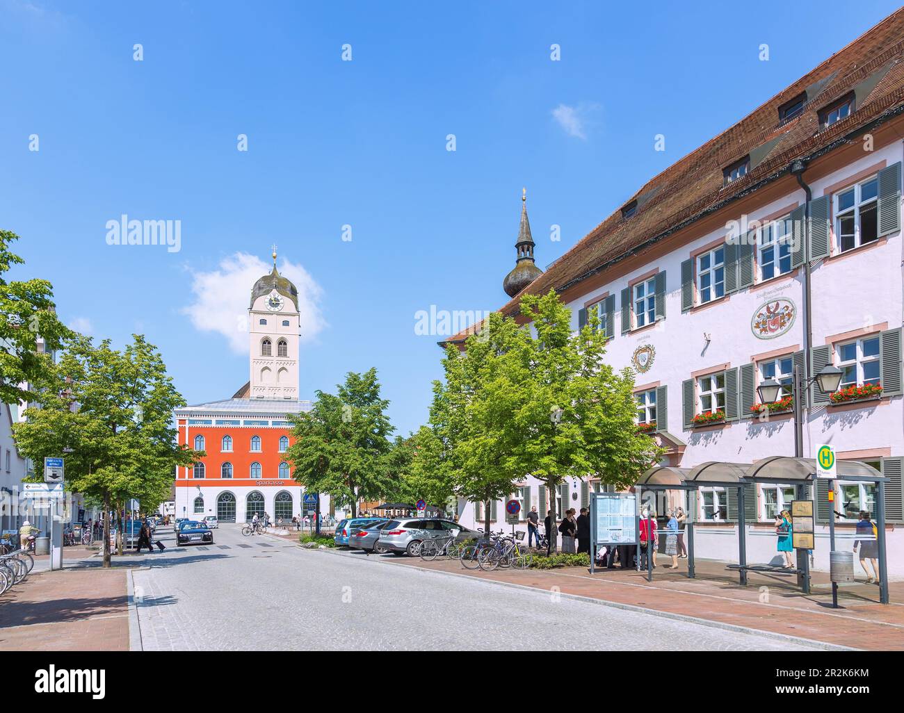 Erding, Landshuter Strasse with town hall and city tower Stock Photo