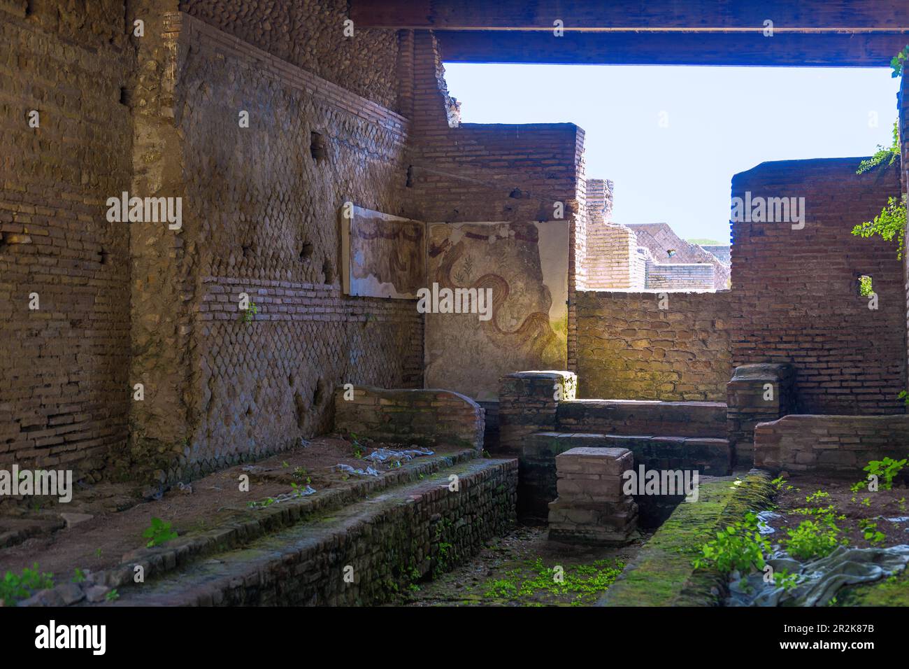 Rome, Ostia Antica, Mitreo dei Serpente, Mithraeum with snake fresco Stock Photo