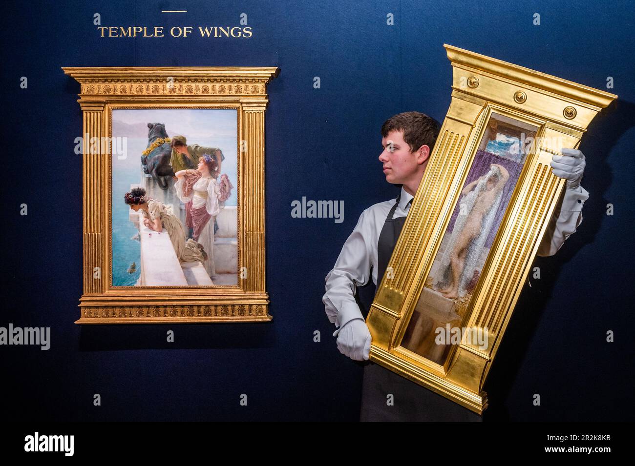 London, UK. 19 May 2023. Sir Lawrence Alma-Tadema, A Coign of Vantage, oil on panel, Estimate $2,500,000-3,500,000 with Frederic, Lord Leighton, The Bath of Psyche, oil on canvas Painted circa 1887, Estimate $300,000-500,000 - The second installment of the Ann & Gordon Getty Collection: Temple of Wings sale at Christies. Following the October 2022 sale in June this presents the contents of the Gettys' historic, turn of the century, Berkeley property: Temple of Wings. The Collection will be sold over one live auction in New York - taking place on June 14, and two online sales ending on June 15 Stock Photo