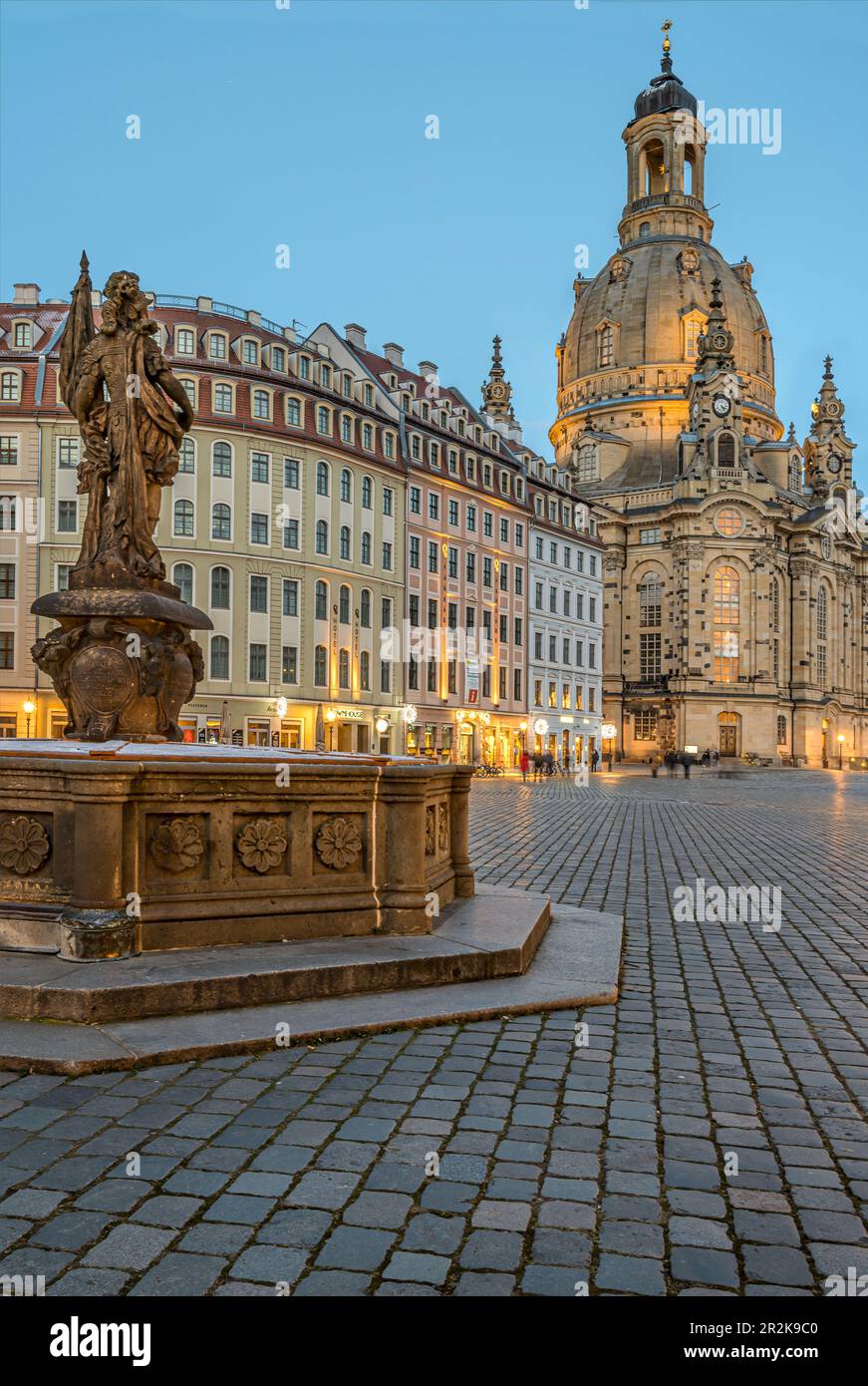 Friedensbrunnen or Türkenbrunnen at the Neumarkt of Dresden in the evening, Saxony, Germany Stock Photo