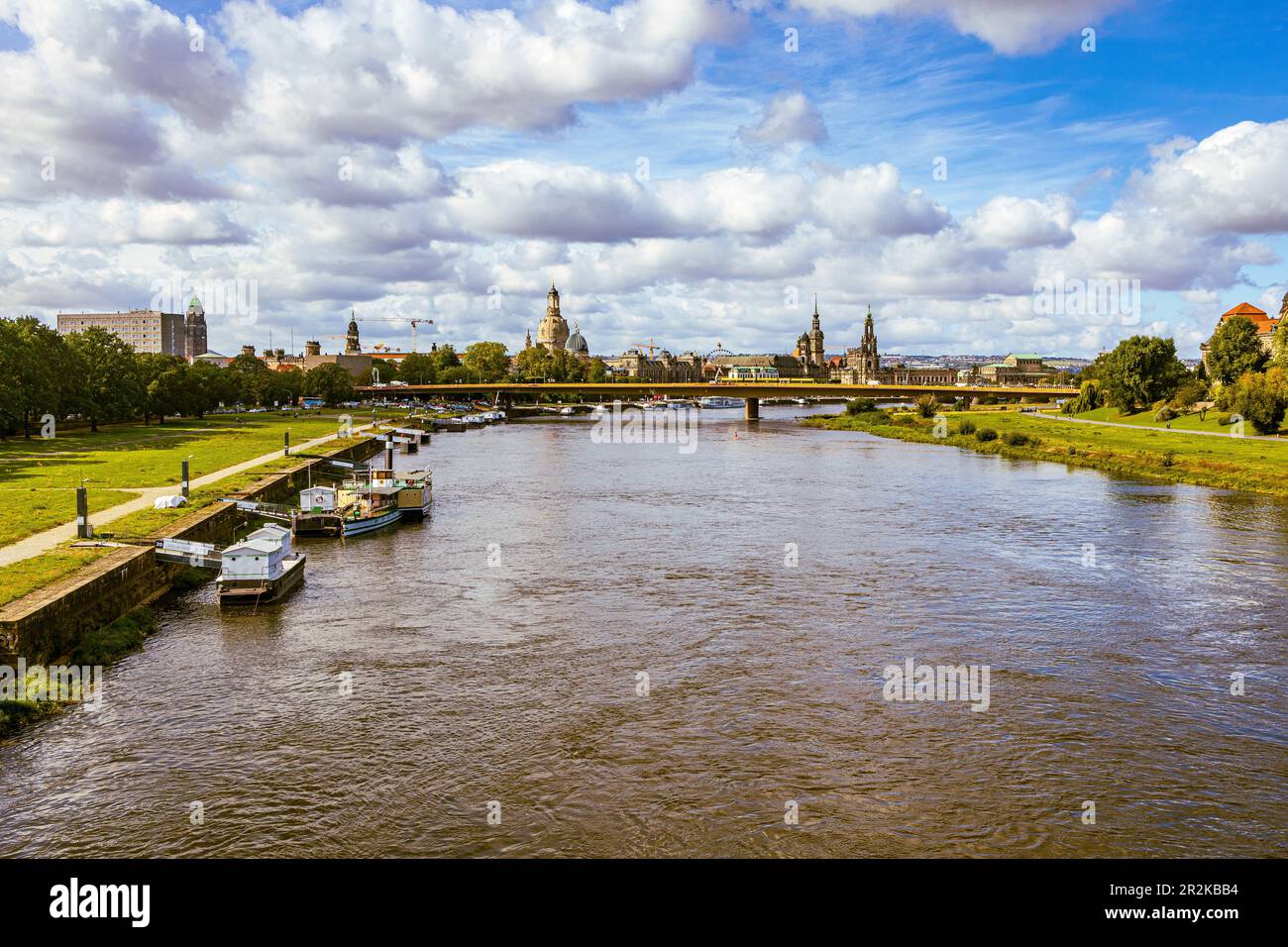 Carola Bridge over the Elbe in Dresden, with Frauenkirchen in the background. Stock Photo