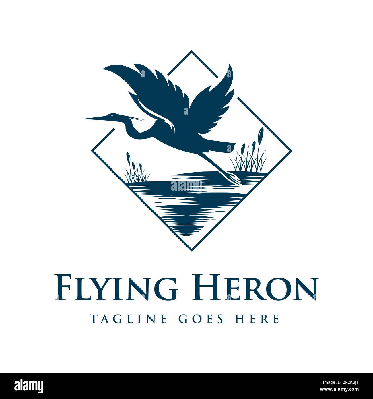 Design Square Flying Stork Heron Silhouette Bird with Grass River Creek