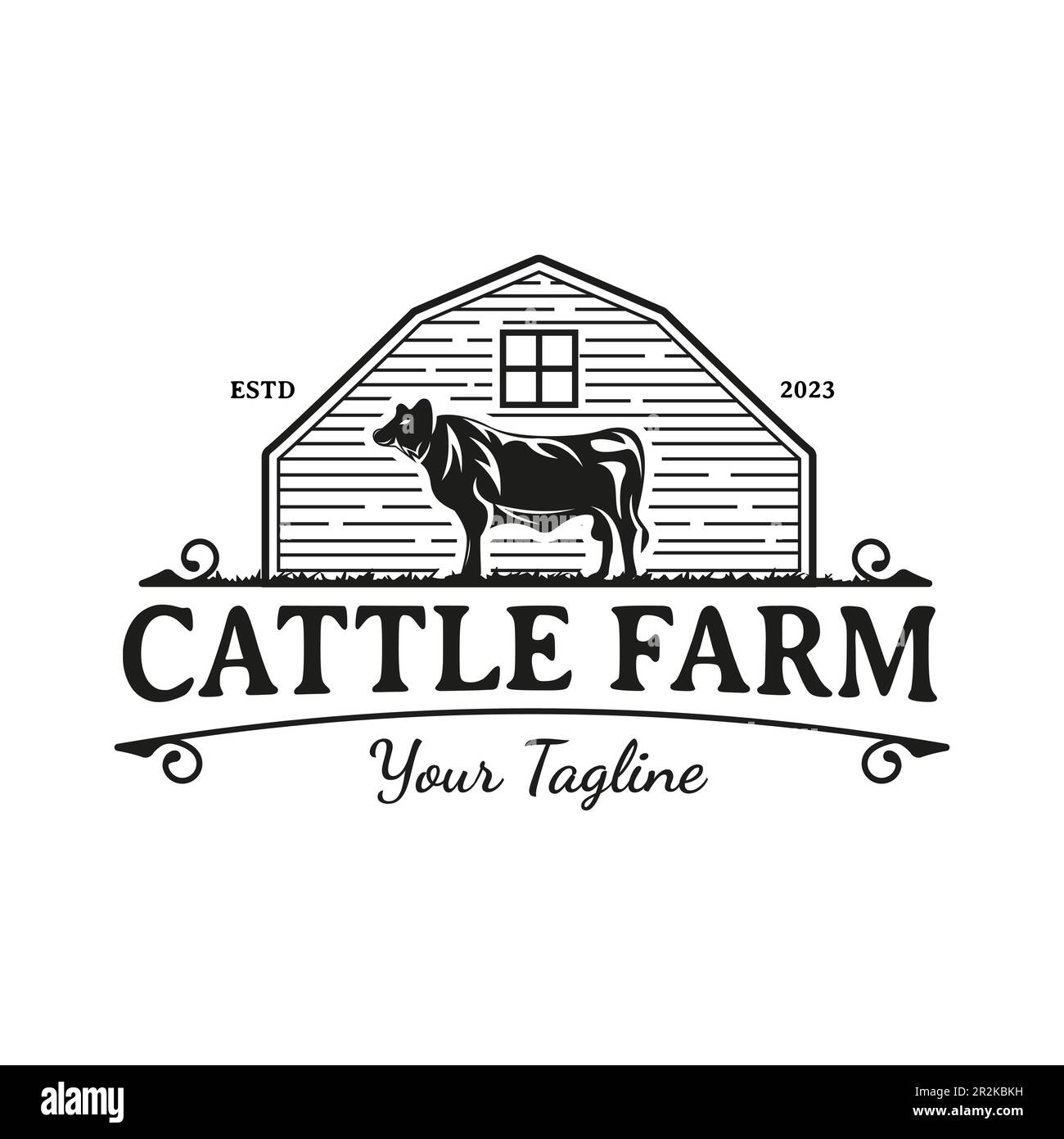 Country western classic ranch logo with cows and barn in vintage style