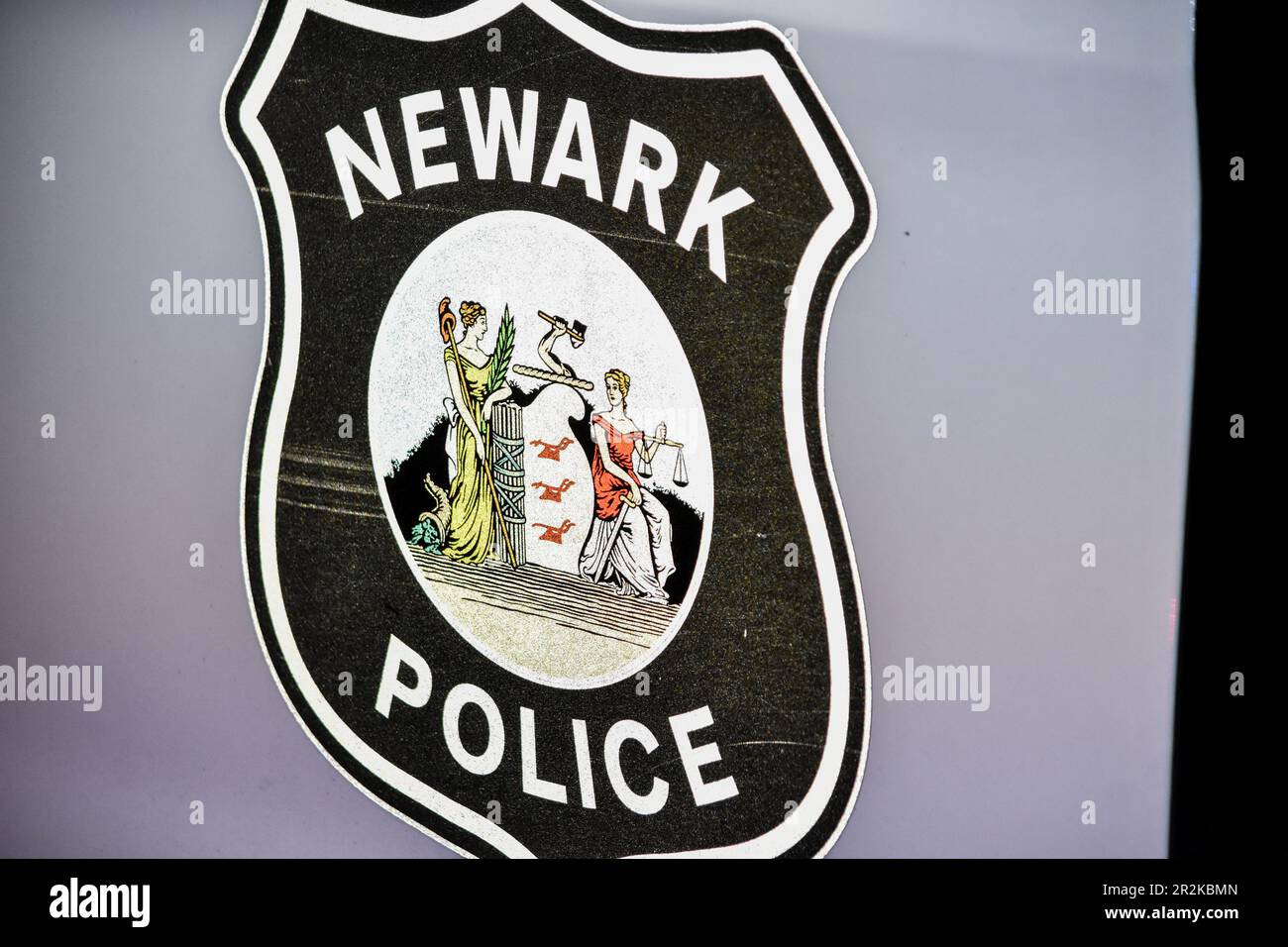 Newark, United States. 20th May, 2023. City of Newark police seal and logo on Newark police vehicle at the crime scene. Fatal shooting leaves one person dead in Newark. One person was pronounced dead on the scene at 11:12 PM Eastern Time, Friday evening after being shot at 58 Stengel Avenue in Newark, New Jersey. (Photo by Kyle Mazza/SOPA Images/Sipa USA) Credit: Sipa USA/Alamy Live News Stock Photo