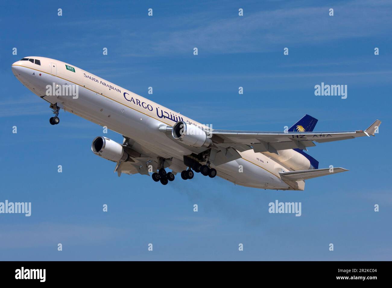 Saudi Arabian Airlines Cargo McDonnell Douglas MD-11F (REG: HZ-ANA) taking off from runway 31. Stock Photo