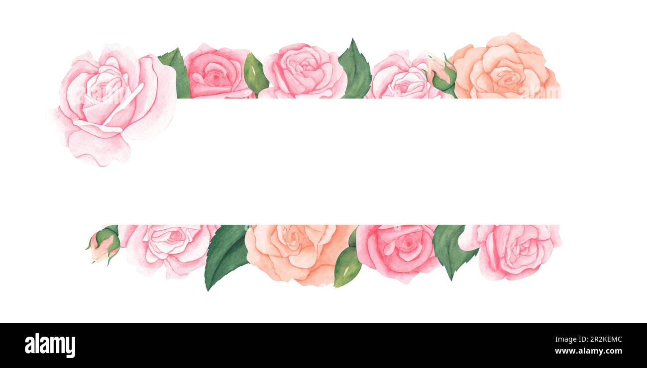 watercolor pastel pink peach roses frame with leaves. Art for design ...
