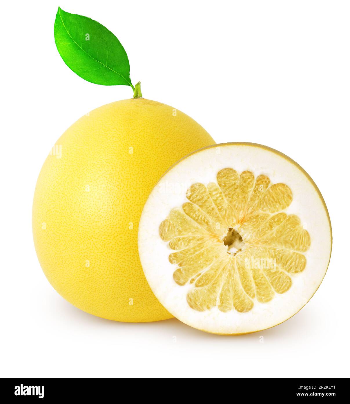 Isolated pomelo. One whole pomelo fruit with leaf and a slice isolated on white background Stock