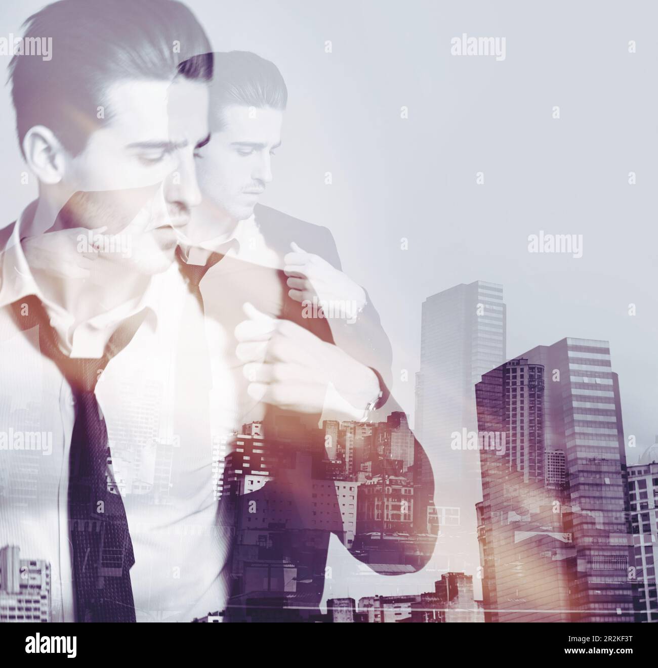 Businessman, city double exposure and luxury suit with monochrome and art deco overlay. Buildings, formal fashion and worker with success of person Stock Photo