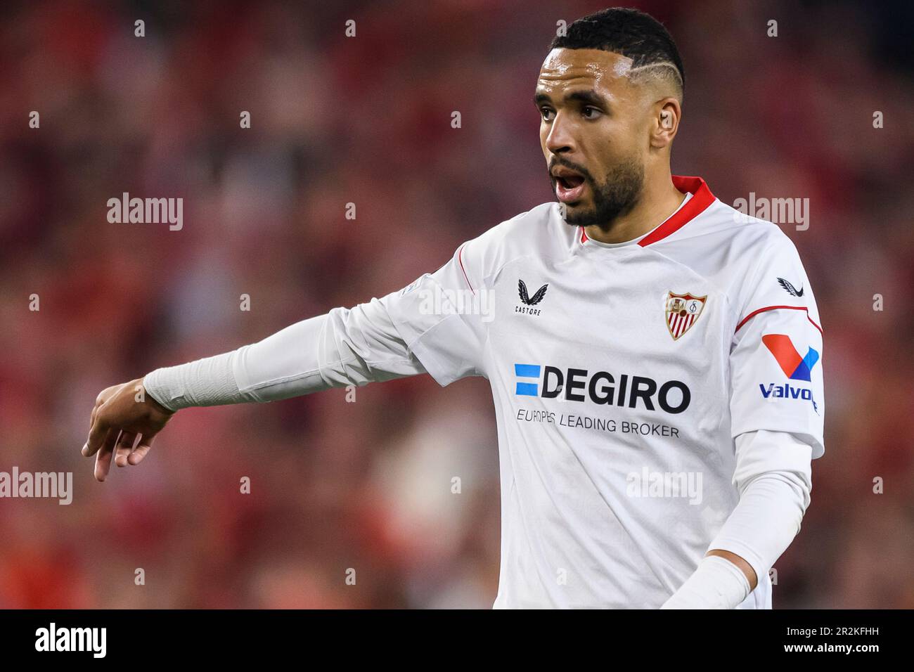 Seville, Spain. 18 May 2023. Youssef En-Nesyri of Sevilla FC gestures during the UEFA Europa League semifinal second leg football match between Sevilla FC and Juventus FC. Credit: Nicolò Campo/Alamy Live News Stock Photo