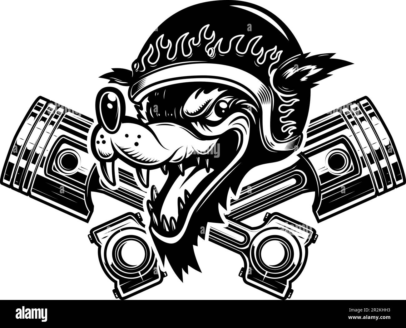 Illustration of the wolf biker with crossed pistons. Design element for logo, label, sign, emblem. Vector illustration, Illustration of the wolf biker Stock Vector
