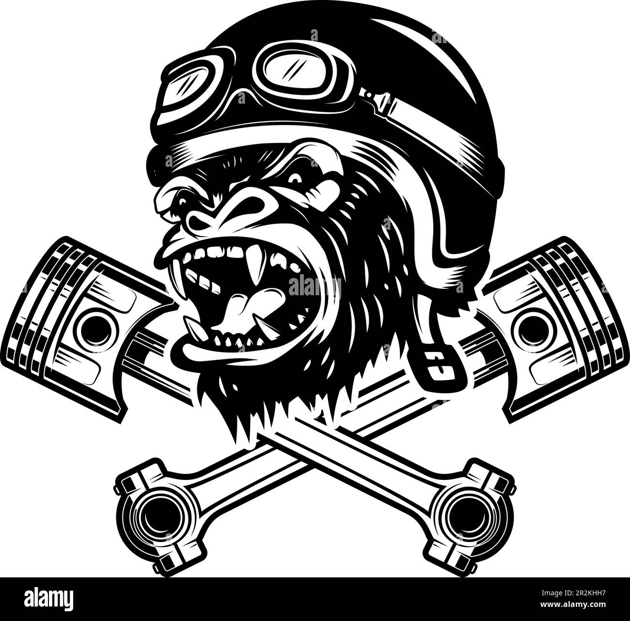Illustration of the gorilla biker with crossed pistons. Design element for logo, label, sign, emblem. Vector illustration, Illustration of the gorilla Stock Vector
