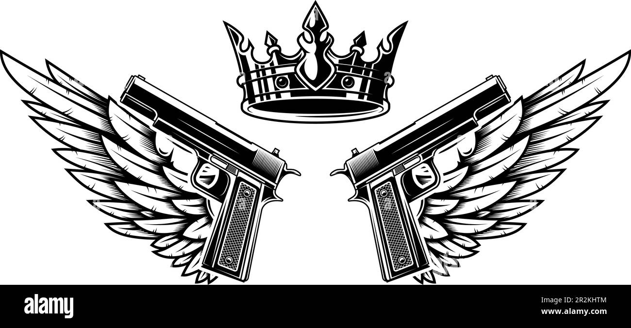 Two guns and wings with king crown. Design element for logo, label