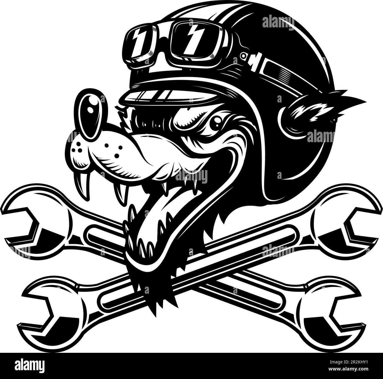 Illustration of the wolf racer with crossed wrenches. Design element for logo, label, sign, emblem. Vector illustration, Illustration of the wolf race Stock Vector